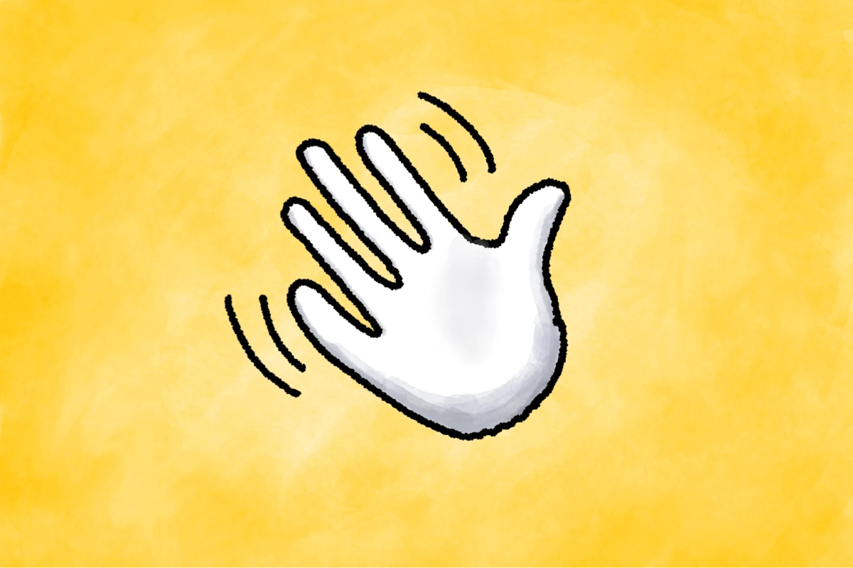 A hand-drawn white hand waving on a yellow background